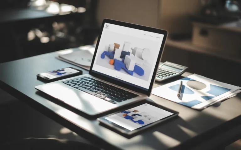 Bureau moderne avec ordinateur portable, tablette et smartphone affichant une maquette responsive sans texte, documents graphiques, calculatrice et main professionnelle calculant un devis site internet dans une ambiance lumineuse et épurée.