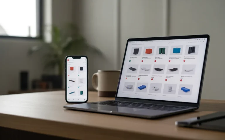 Photo réaliste d’un bureau moderne avec ordinateur portable et smartphone affichant un site web catalogue en grille de produits, arrière-plan minimaliste flouté avec plante verte, tasse de café et carnet.