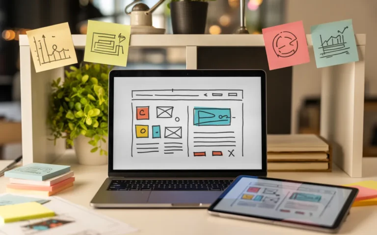 Bureau moderne de webdesigner vu en légère plongée, avec un ordinateur portable affichant la maquette d’un site internet sur mesure et un smartphone montrant sa version responsive, entourés de carnet de schémas, post-it à icônes et graphiques abstraits, dans une ambiance lumineuse et professionnelle.