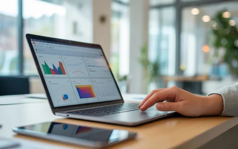 Vignette photo-réaliste horizontale montrant un jeune professionnel travaillant sur un ordinateur portable ultra-fin affichant un tableau de bord marketing coloré sans texte lisible, dans un bureau moderne lumineux avec arrière-plan flou, illustrant la stratégie digitale et l’optimisation d’un site web marketing.