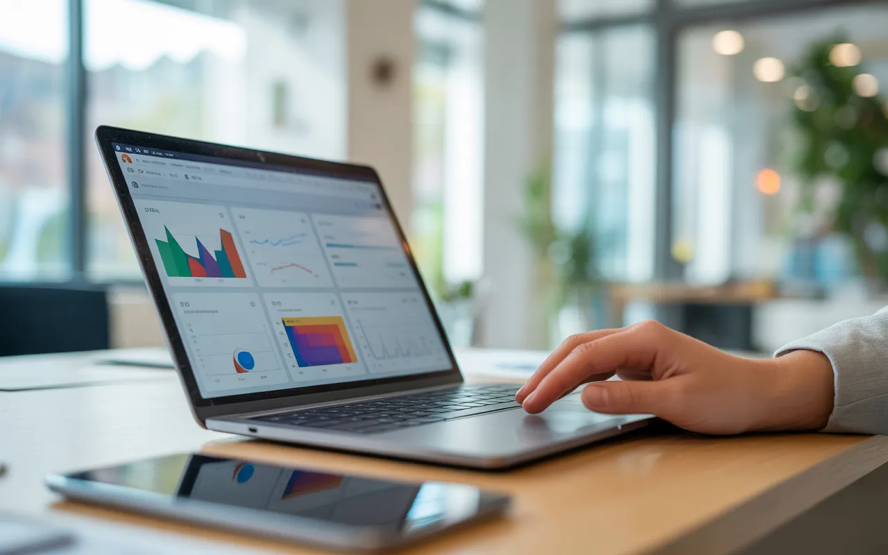 Vignette photo-réaliste horizontale montrant un jeune professionnel travaillant sur un ordinateur portable ultra-fin affichant un tableau de bord marketing coloré sans texte lisible, dans un bureau moderne lumineux avec arrière-plan flou, illustrant la stratégie digitale et l’optimisation d’un site web marketing.