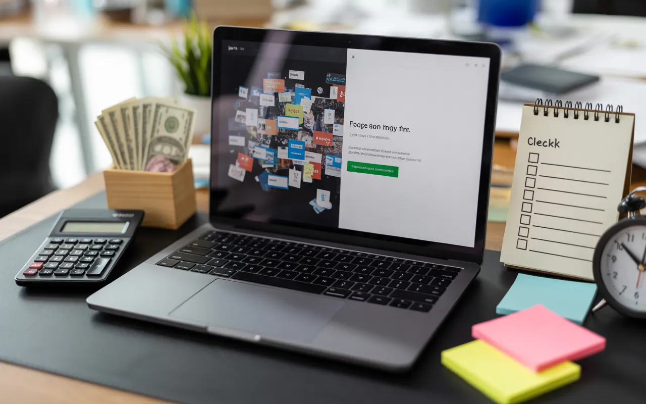 Refaire site internet : vignette photo-réaliste 16:9 montrant un bureau moderne avec un grand écran en split-screen affichant à gauche un ancien site web désordonné et à droite un site refait propre et épuré, entouré d’une calculatrice avec pièces et billets, d’un bloc-notes à cases, d’une horloge et de post-it colorés, dans un open space lumineux sans aucun texte lisible.