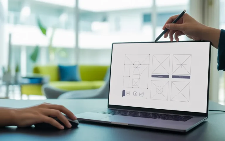 Vignette photo-réaliste d’un bureau moderne montrant deux écrans avec maquette d’interface web et mains au travail, illustrant l’ergonomie site web en 2025.