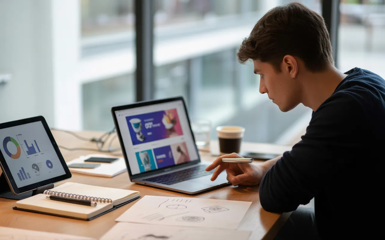 Jeune entrepreneur concentré sur la création site marchand sur un ordinateur portable, interface e‑commerce moderne en gros plan, second écran avec tableaux de bord de ventes, bureau lumineux d’open‑space avec accessoires de travail et arrière‑plan flou.