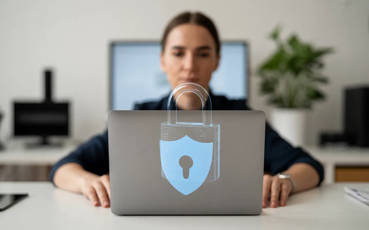 Bureau moderne avec ordinateur portable ouvert affichant cadenas et bouclier holographiques bleus symbolisant la sécurité site internet, ambiance lumineuse et rassurante, arrière-plan open space flou.