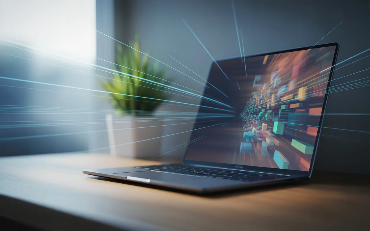 Scène photo-réaliste montrant un bureau moderne avec un ordinateur portable affichant une interface web se chargeant ultra rapidement, illustrant la vitesse site internet par des effets lumineux dynamiques.