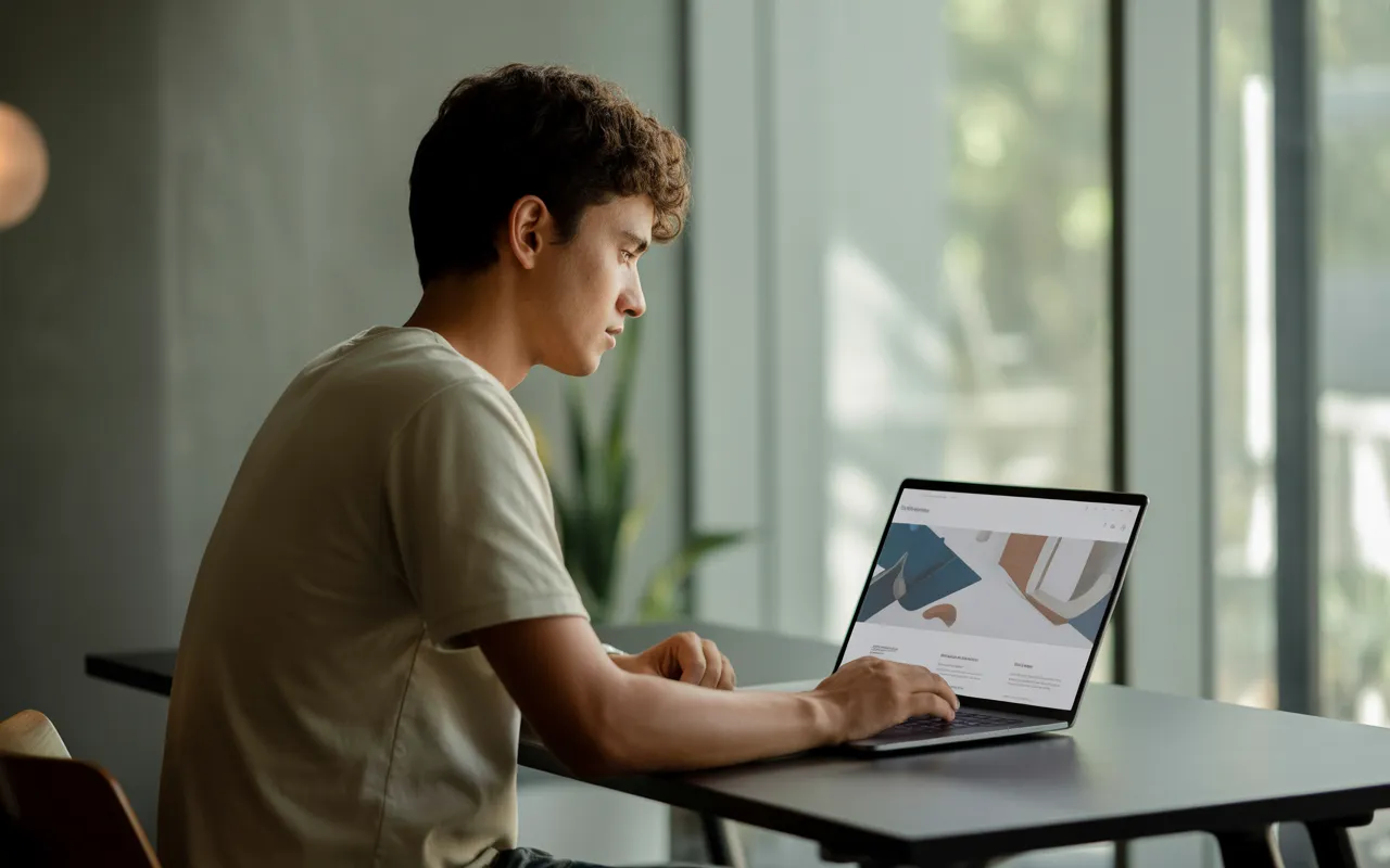 Jeune entrepreneur concentré sur un laptop affichant une interface moderne de création de site web clé en main dans un bureau minimaliste lumineux, style photo réaliste.