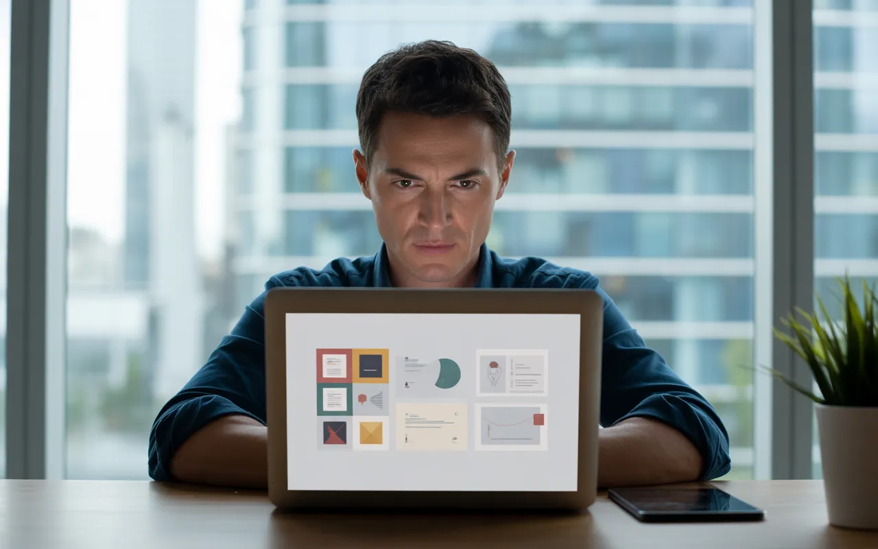 Professionnel concentré devant un ordinateur portable affichant la maquette d’un site internet entreprise moderne, dans un bureau lumineux et minimaliste avec vue urbaine futuriste floutée et graphiques de performances colorés en arrière-plan.