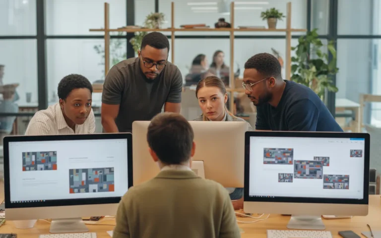Scène ultra-réaliste dans un open space moderne où une équipe multiculturelle collabore autour d’écrans affichant des maquettes de sites sans texte lisible, illustrant le travail d’une société création site web en 2025, ambiance professionnelle, high-tech et chaleureuse.