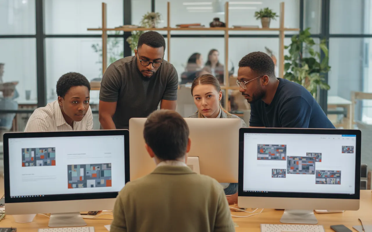 Scène ultra-réaliste dans un open space moderne où une équipe multiculturelle collabore autour d’écrans affichant des maquettes de sites sans texte lisible, illustrant le travail d’une société création site web en 2025, ambiance professionnelle, high-tech et chaleureuse.