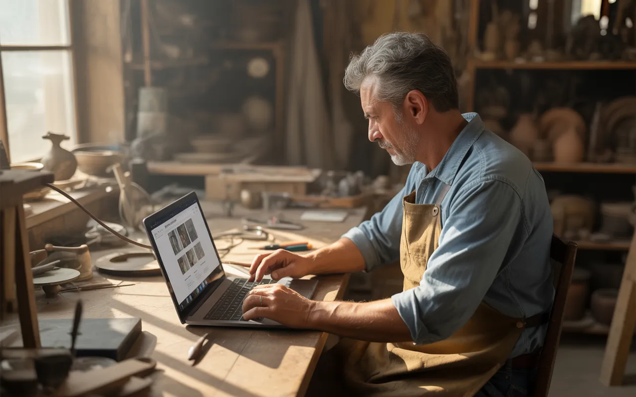 Vignette photo-réaliste d’un artisan en tablier travaillant sur la création de son site internet artisan sur un ordinateur portable dans son atelier lumineux, avec smartphone affichant la version mobile du site, bureau en bois clair et outils floutés en arrière-plan.
