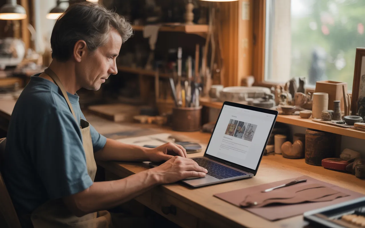 Vignette photo-réaliste montrant un artisan contemporain dans son atelier moderne, concentré devant un ordinateur portable en train de créer son site web artisan, avec en arrière-plan des outils et matériaux bien rangés illustrant l’équilibre entre travail manuel et présence numérique.