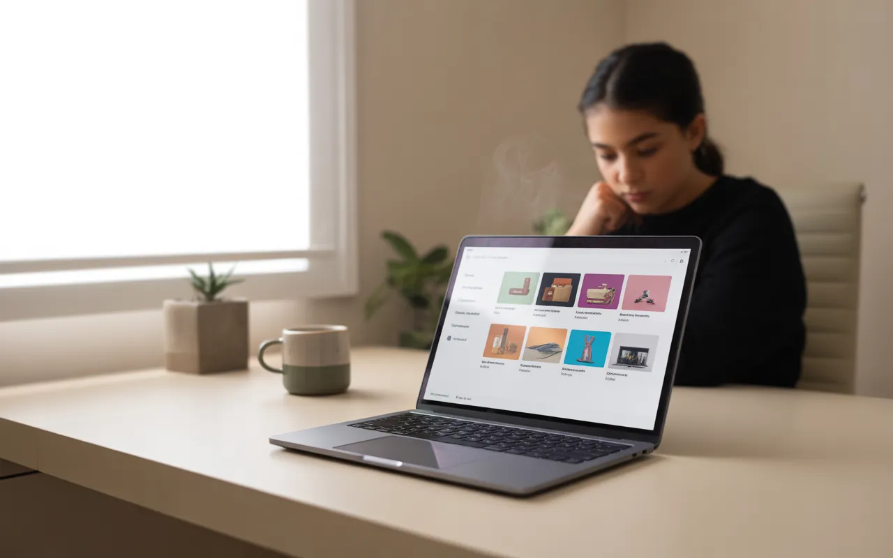 Bureau moderne avec laptop affichant une boutique en ligne, jeune adulte apprenant la création site prestashop, ambiance lumineuse professionnelle et épurée.