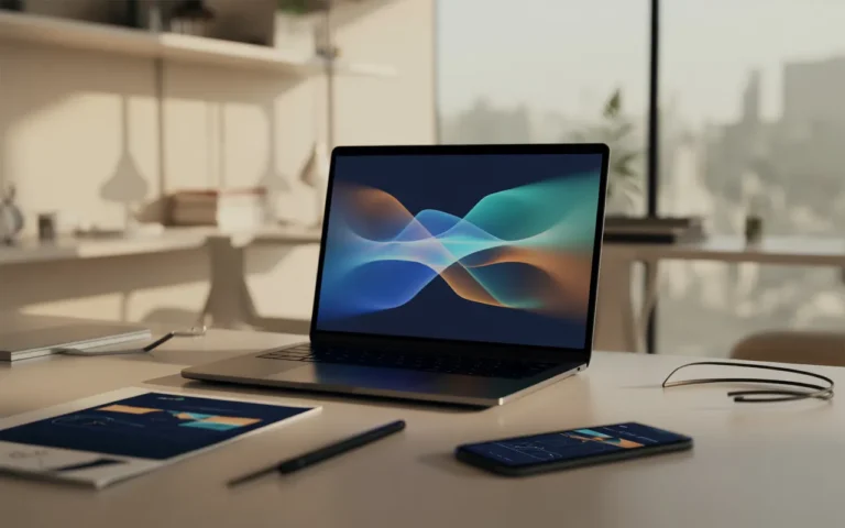 Vignette photo-réaliste montrant un analyste réalisant un audit site web seo sur un ordinateur portable, tableau de bord data coloré en gros plan.