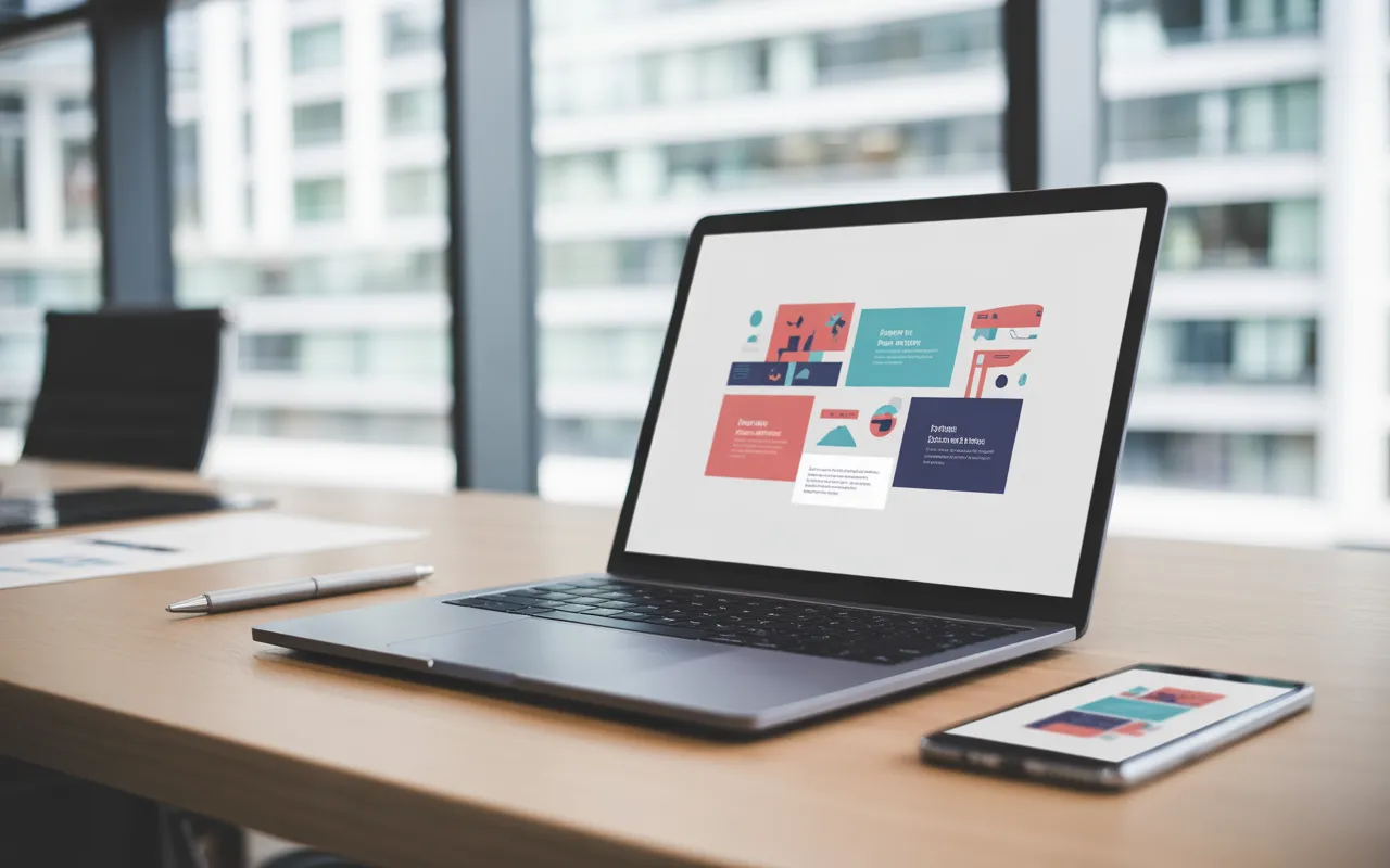Ordinateur portable affichant un site institutionnel moderne sur un bureau épuré, dans un open space lumineux avec vue sur immeubles de bureaux.