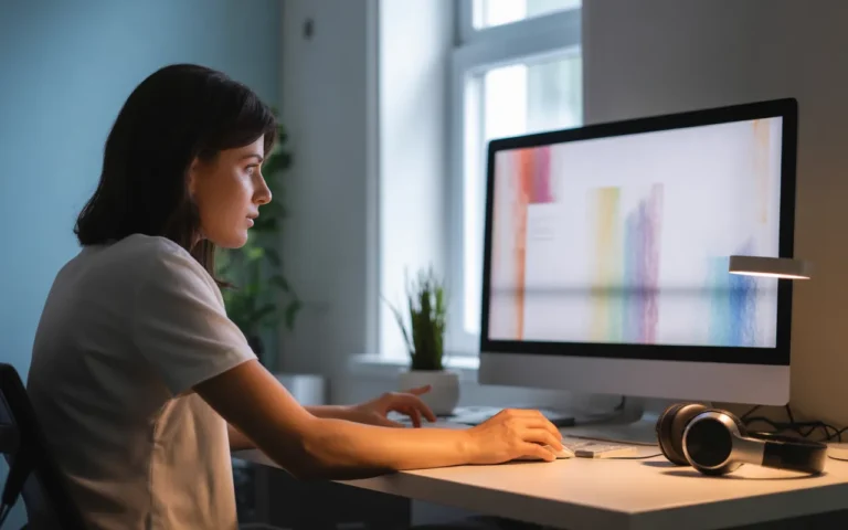 Vignette photo-réaliste d’un bureau moderne de PME avec un professionnel en tenue business casual vu de dos devant un double écran affichant un tableau de bord graphique abstrait (courbes, jauges, icônes sans texte), illustrant un environnement lumineux et organisé de maintenance site internet en 2025.