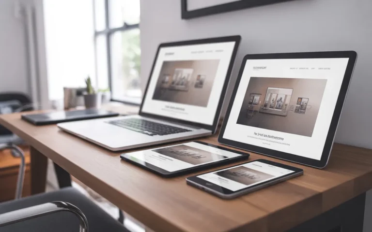 Photo réaliste d’un bureau moderne avec ordinateur portable, tablette et smartphone alignés affichant le même site web responsive design en version desktop, tablette et mobile.
