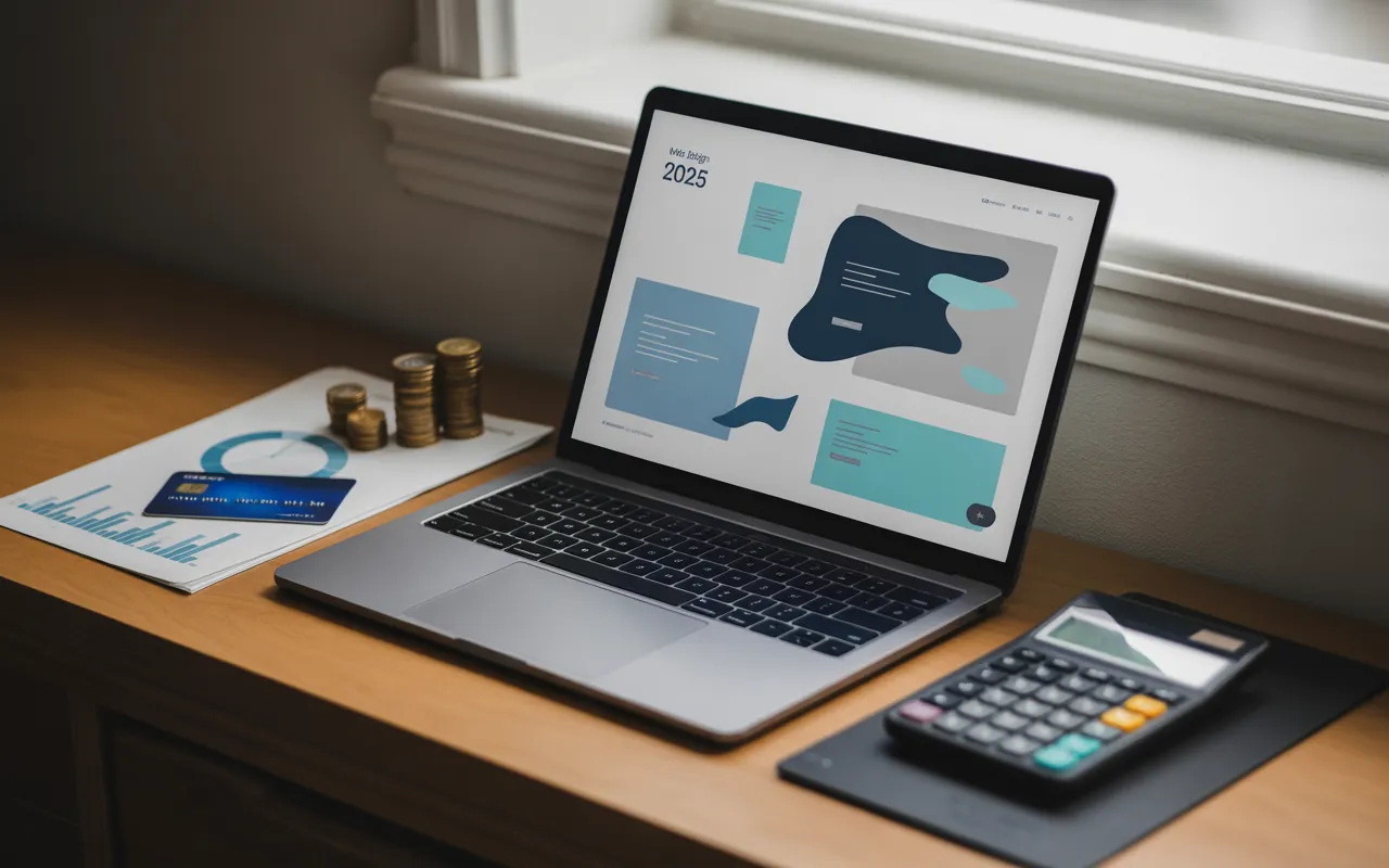 Vignette photo-réaliste montrant un bureau moderne avec laptop affichant une maquette de site, calculatrice et pièces illustrant le tarif création site web en 2025.