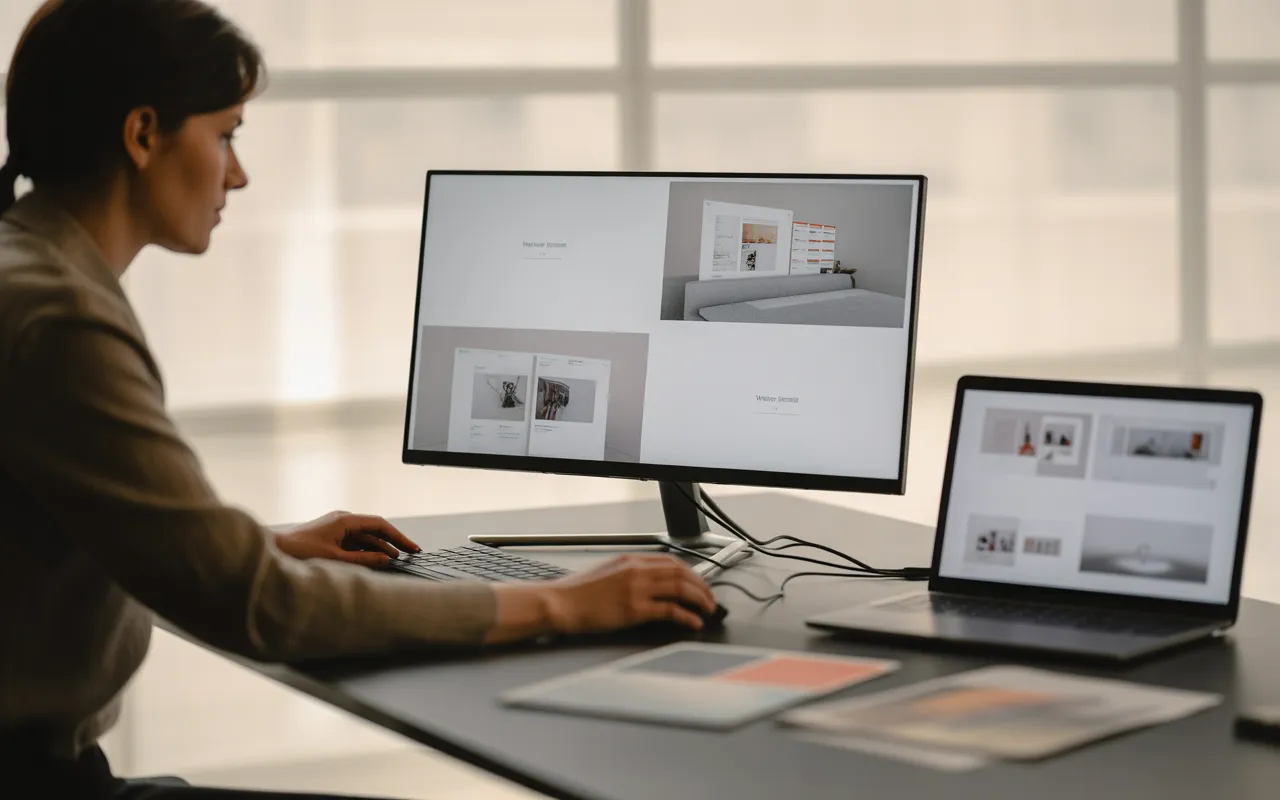 Professionnel au bureau comparant sur un grand écran plusieurs maquettes de sites web modernes pour choisir un prestataire site internet en 2025, dans une ambiance lumineuse et high-tech.