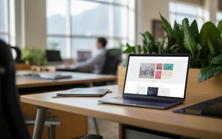 Vignette photo‑réaliste d’un développeur travaillant sur un site web startup en 2025, écran d’ordinateur portable au centre dans un espace de coworking moderne, lumineux, ambiance tech chaleureuse et productive.