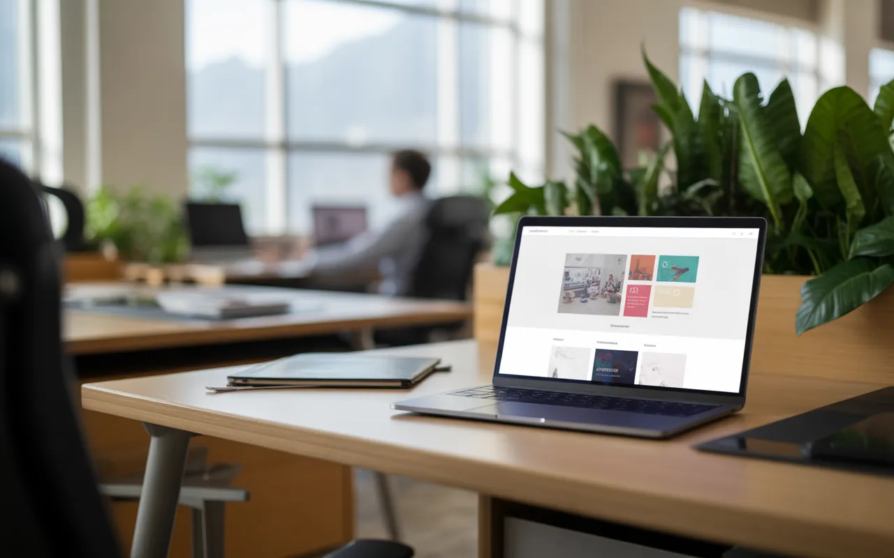 Vignette photo‑réaliste d’un développeur travaillant sur un site web startup en 2025, écran d’ordinateur portable au centre dans un espace de coworking moderne, lumineux, ambiance tech chaleureuse et productive.