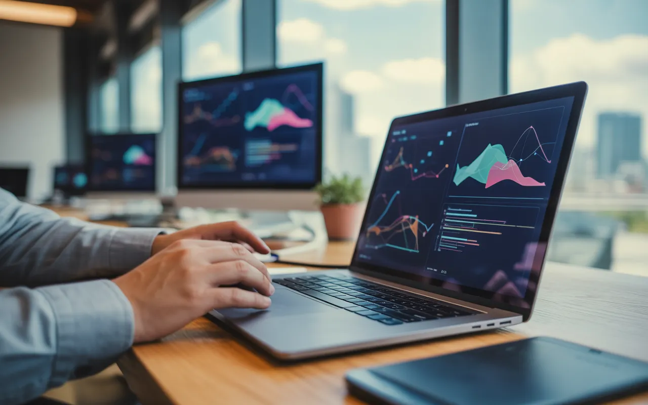 Développeur web tapant sur un ordinateur portable affichant un tableau de bord d’analytique et d’optimisation de performance site web dans un bureau moderne open-space, rendu photoréaliste haute technologie.