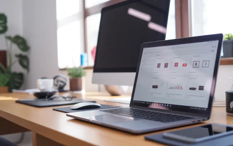 Photo ultra-réaliste d’un bureau moderne avec laptop affichant un tableau de bord e-commerce, mains en train de travailler à la création site shopify, ambiance lumineuse et professionnelle.