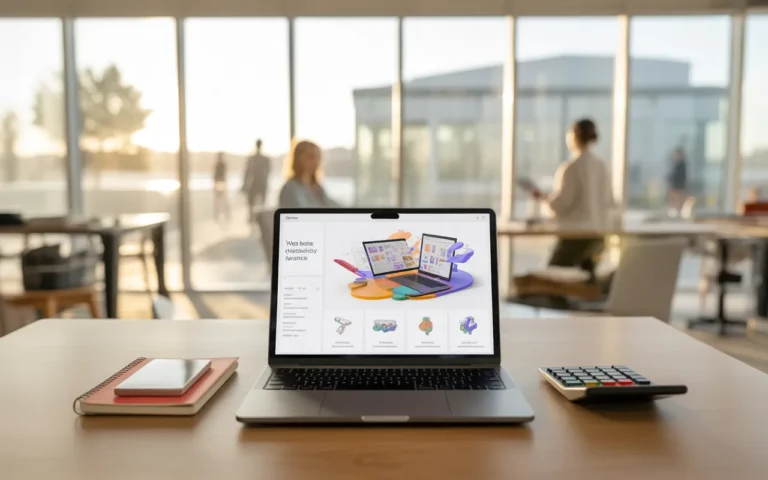 Bureau moderne de freelance en 2025 avec ordinateur portable affichant une interface de création web et des graphiques colorés, carnet, smartphone et calculatrice symbolisant le calcul du coût site internet, en espace de coworking lumineux au style photo ultra-réaliste.