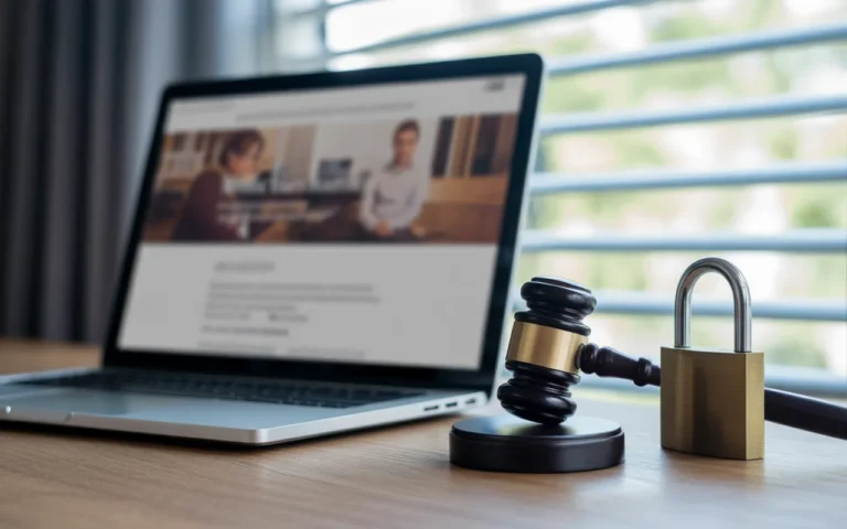 Vignette photo-réaliste d’un bureau moderne avec ordinateur portable affichant une page floutée de mentions légales site web, cadenas métallique et marteau de juge au premier plan, mains discrètes, open space lumineux en arrière-plan.