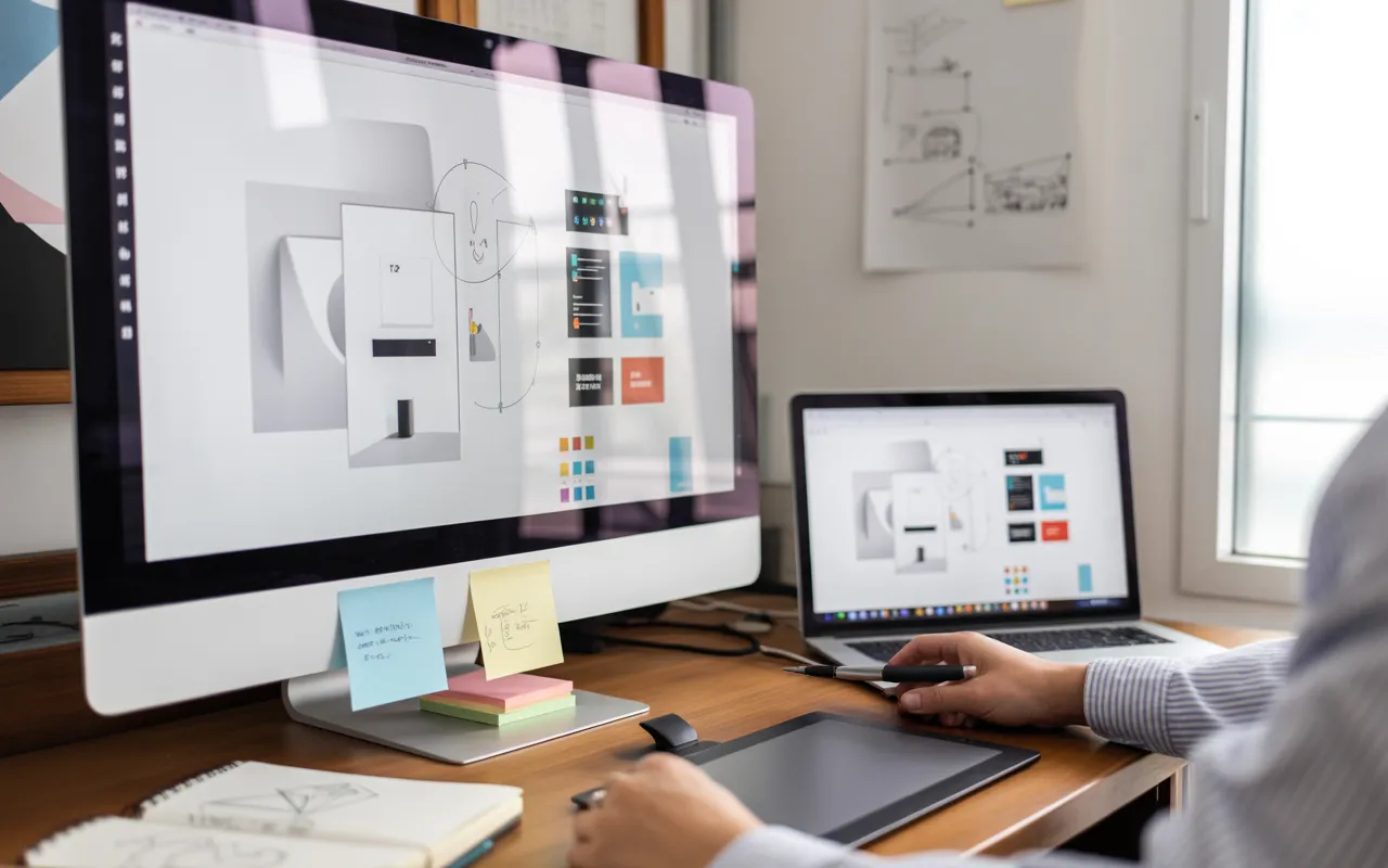 Bureau moderne avec web designer travaillant sur la refonte site internet, écrans affichant maquettes colorées, wireframes et palette de couleurs, open space lumineux en arrière-plan.