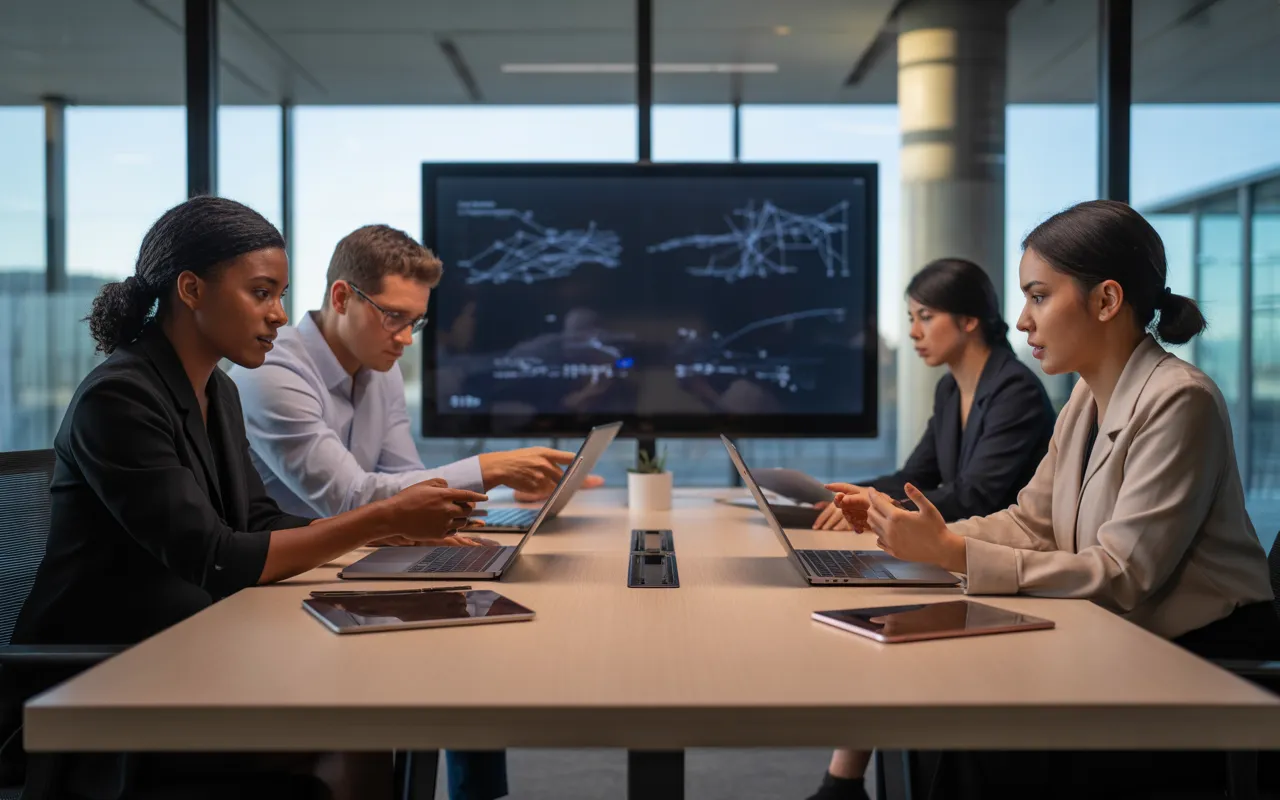 Scène ultra-réaliste d’un open space moderne en 2025 montrant une équipe multiculturelle en réunion autour d’écrans data et IA, illustrant la transformation digitale entreprise et la collaboration agile.