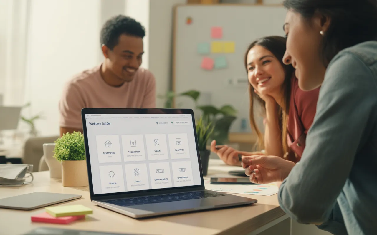 Vignette photo-réaliste dans un coworking moderne montrant une équipe diverse créant un site web association sur un ordinateur portable ouvert.