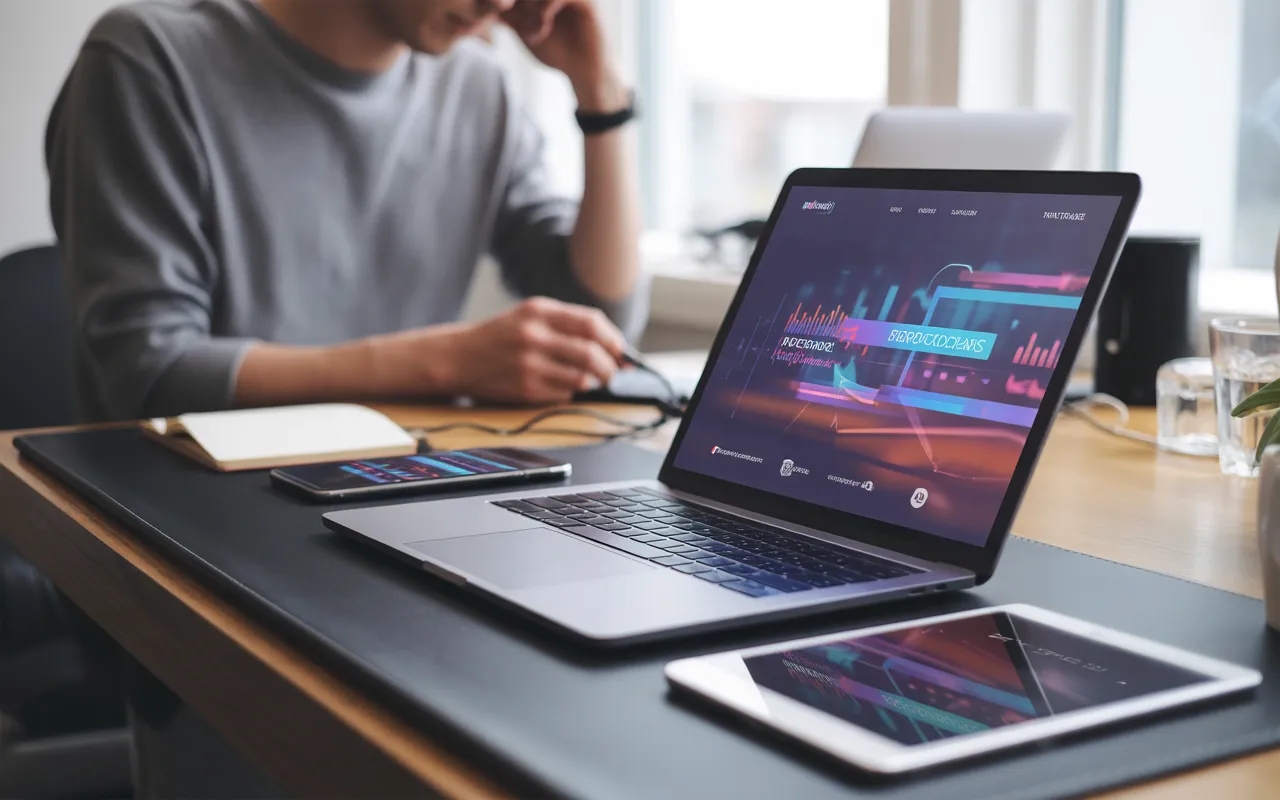 Bureau moderne en légère plongée avec un professionnel travaillant sur un ordinateur portable affichant un site web marketing responsive ultra moderne, décliné aussi sur smartphone et tablette, entouré d’accessoires de travail (carnet, stylo, casque audio, café) dans une ambiance lumineuse et professionnelle orientée marketing digital 2025.