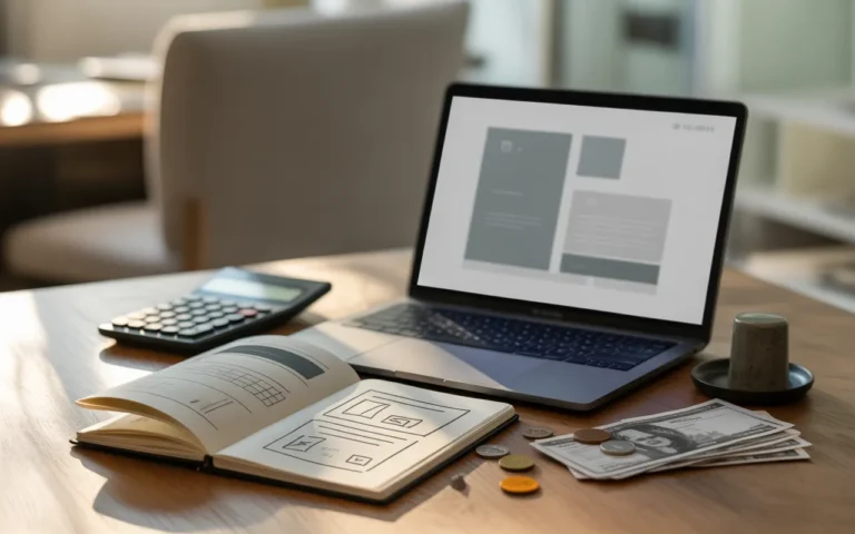 Bureau moderne avec ordinateur portable affichant une maquette de site, calculatrice, carnet de croquis et argent posé sur la table, illustrant le concept de tarif création site web.