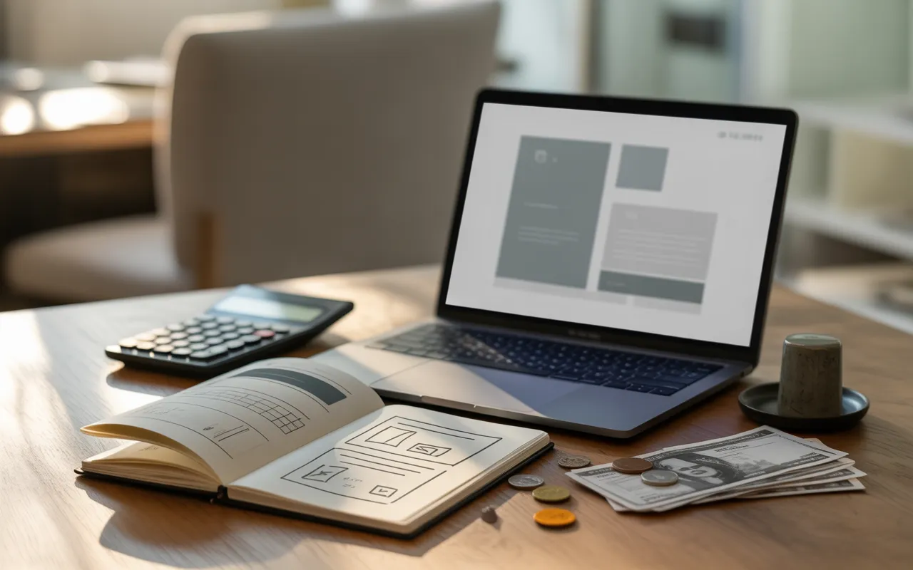 Bureau moderne avec ordinateur portable affichant une maquette de site, calculatrice, carnet de croquis et argent posé sur la table, illustrant le concept de tarif création site web.