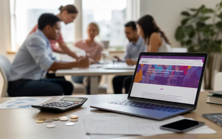 Vignette photo-réaliste montrant un bureau moderne avec un ordinateur portable affichant l’interface colorée d’un site web association, entouré de documents financiers, calculatrice, pièces de monnaie et carte bancaire au premier plan, tandis qu’un petit groupe de personnes discute en arrière-plan dans un espace de coworking lumineux.