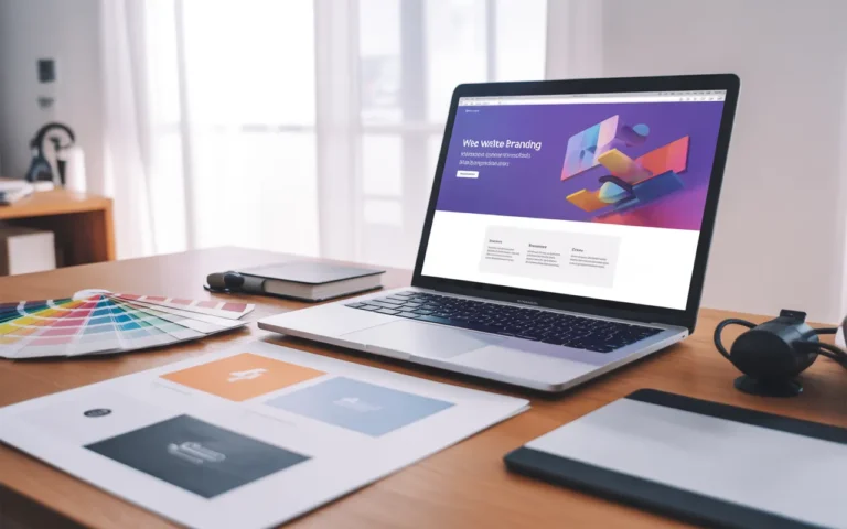 Bureau de web designer moderne avec ordinateur affichant une charte graphique site web, nuancier Pantone, tablette graphique et maquettes épurées, ambiance lumineuse professionnelle et réaliste.