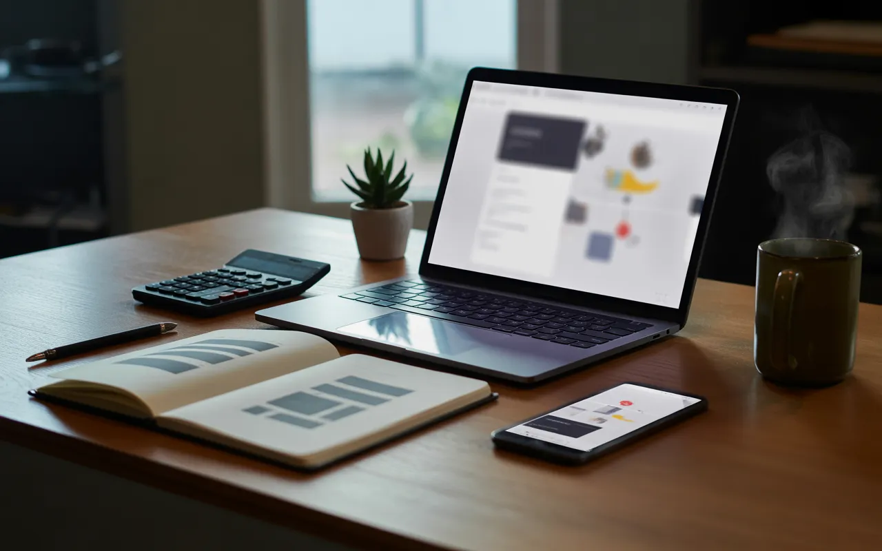 Photo réaliste d’un bureau moderne et épuré avec laptop ouvert affichant une interface web floue, smartphone, calculatrice, carnet de schémas et stylo métal sur un plateau en bois clair, symbolisant la réflexion sur le coût site internet et le budget de création de site, avec en arrière-plan plante verte, tasse de café et lumière naturelle douce.