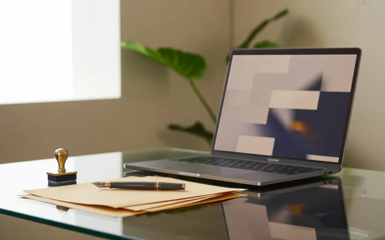 Vue en légère plongée d’un bureau moderne avec ordinateur portable affichant une interface floutée de mentions légales site web, pile de documents juridiques, stylo-plume métallique et petite balance de justice, dans une lumière naturelle douce et professionnelle.