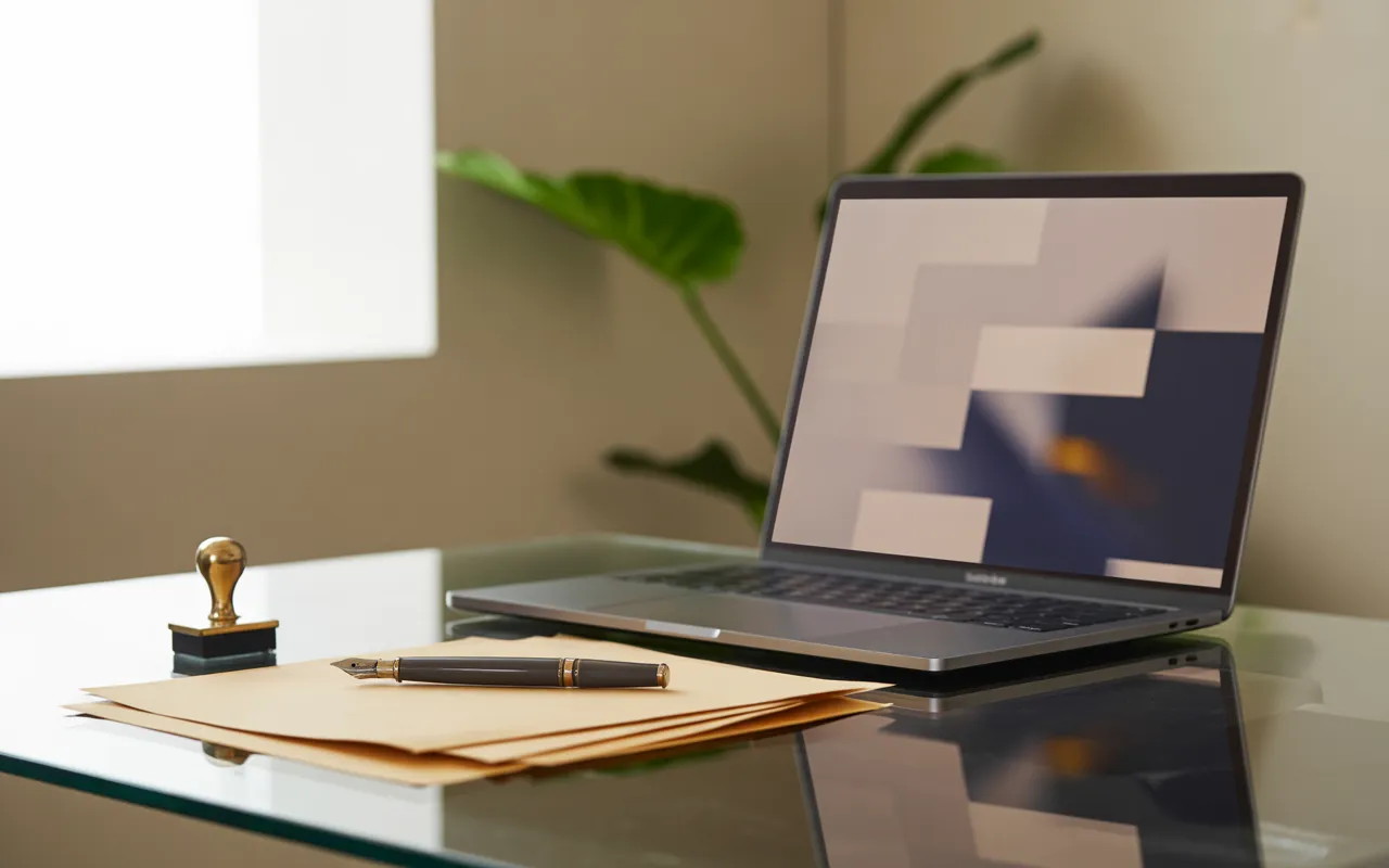 Vue en légère plongée d’un bureau moderne avec ordinateur portable affichant une interface floutée de mentions légales site web, pile de documents juridiques, stylo-plume métallique et petite balance de justice, dans une lumière naturelle douce et professionnelle.