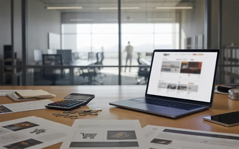 Bureau moderne avec un professionnel analysant sur un laptop la section tarifs d’un site internet entreprise, maquettes imprimées et calculatrice sur le bureau.