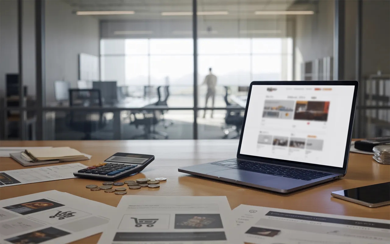 Bureau moderne avec un professionnel analysant sur un laptop la section tarifs d’un site internet entreprise, maquettes imprimées et calculatrice sur le bureau.