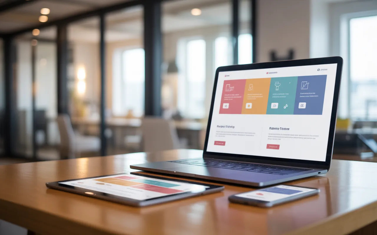 Vignette photo-réaliste d’un bureau moderne avec vue en légère plongée sur un ordinateur portable, une tablette et un smartphone affichant la même interface responsive d’un site web clé en main, sans texte lisible, dans un open space lumineux et professionnel.