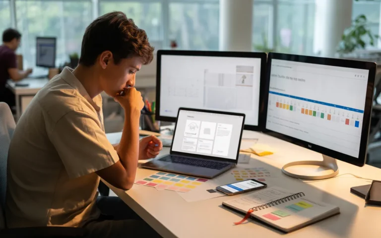 Jeune entrepreneur concentré devant trois écrans dans un open space moderne, concevant un site web startup avec maquette responsive, graphiques de budget, chronologie des délais et cartes colorées représentant différentes options de création.