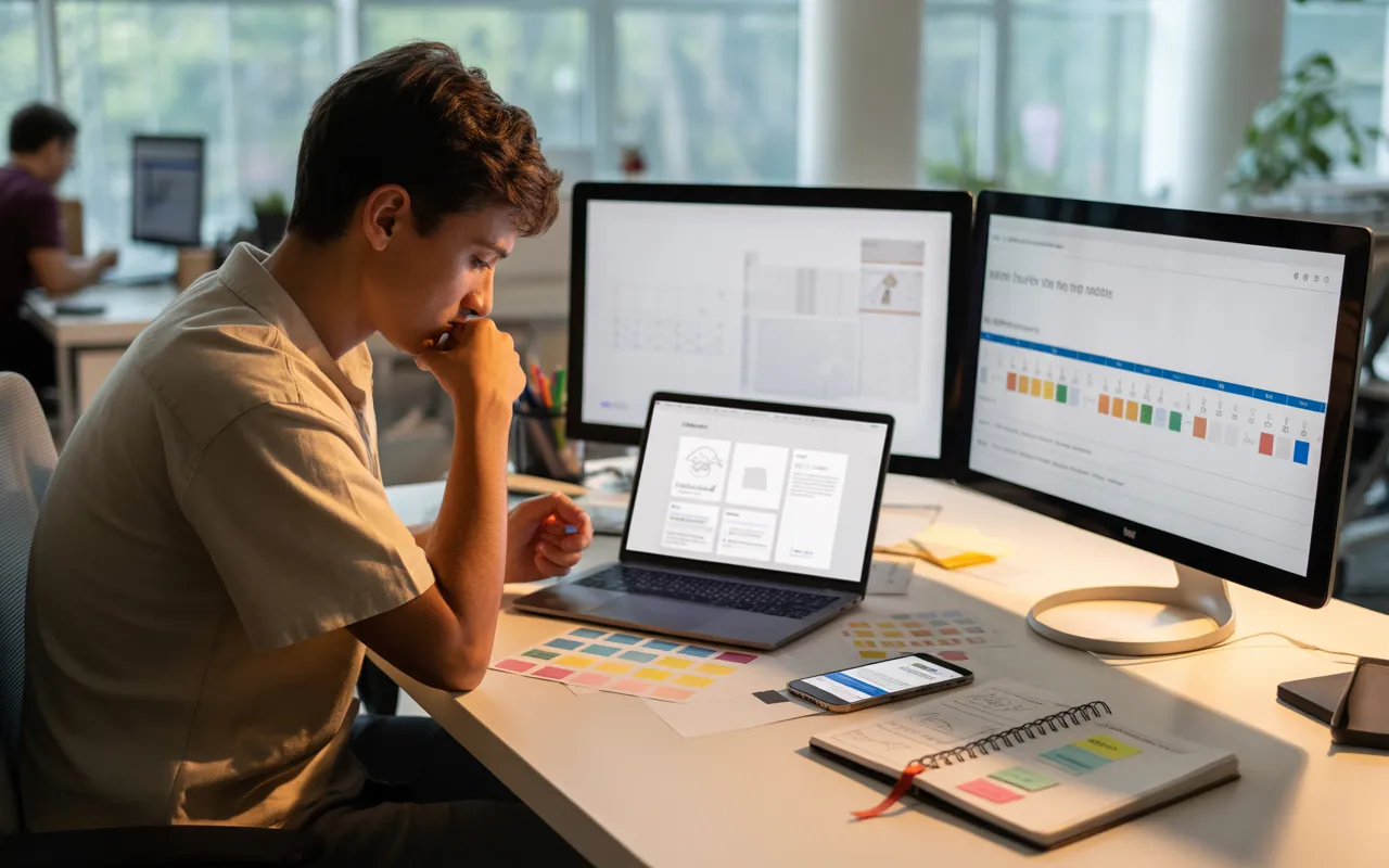 Jeune entrepreneur concentré devant trois écrans dans un open space moderne, concevant un site web startup avec maquette responsive, graphiques de budget, chronologie des délais et cartes colorées représentant différentes options de création.