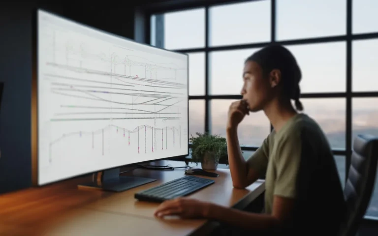 Vue en légère contre-plongée d’un développeur analysant la performance site web sur un grand écran affichant un tableau de bord graphique coloré, dans un bureau moderne au design épuré.