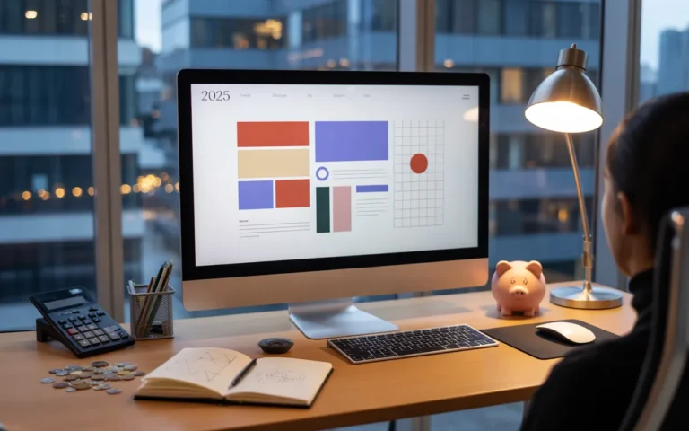 Bureau moderne en 2025 avec webdesigner de dos travaillant sur la refonte site internet sur un grand écran, objets de budget sur le bureau, open space lumineux et ville au crépuscule en arrière-plan.