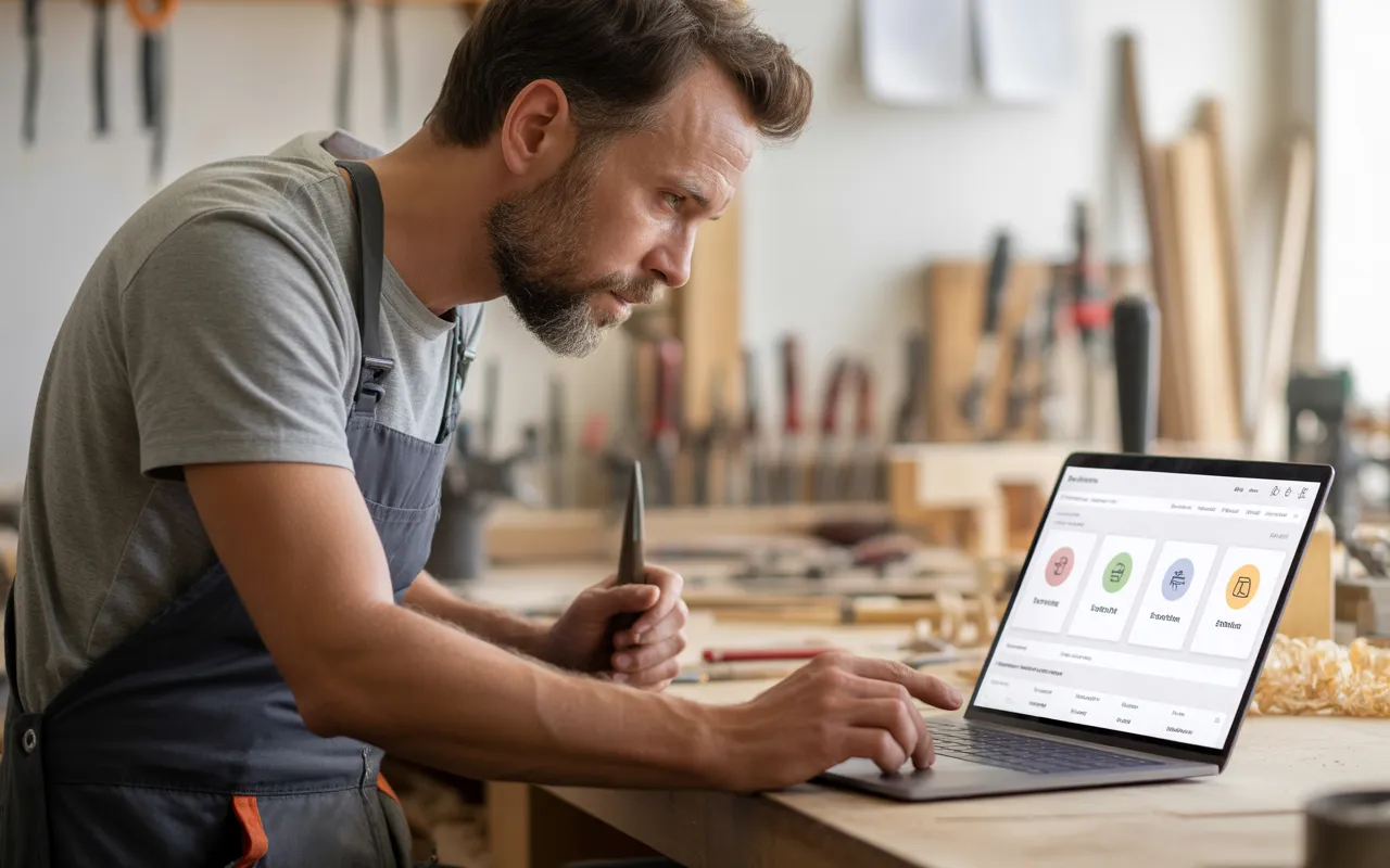 Artisan moderne dans son atelier lumineux, assis à un établi en bois et consultant sur un ordinateur portable le coût de création de son site internet artisan, avec interface graphique colorée à l’écran et arrière-plan d’atelier professionnel légèrement flou.