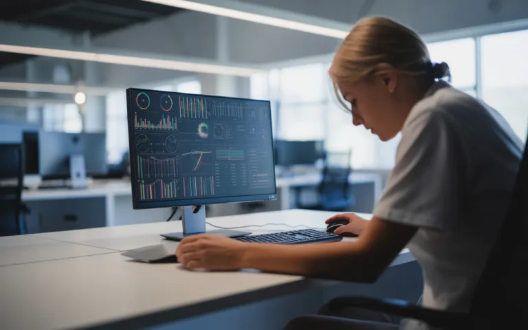 Vignette 16:9 photoréaliste montrant un bureau moderne en open space, technicien web concentré devant un grand écran affichant un tableau de bord graphique de maintenance site internet sécurisée, ambiance lumineuse professionnelle.