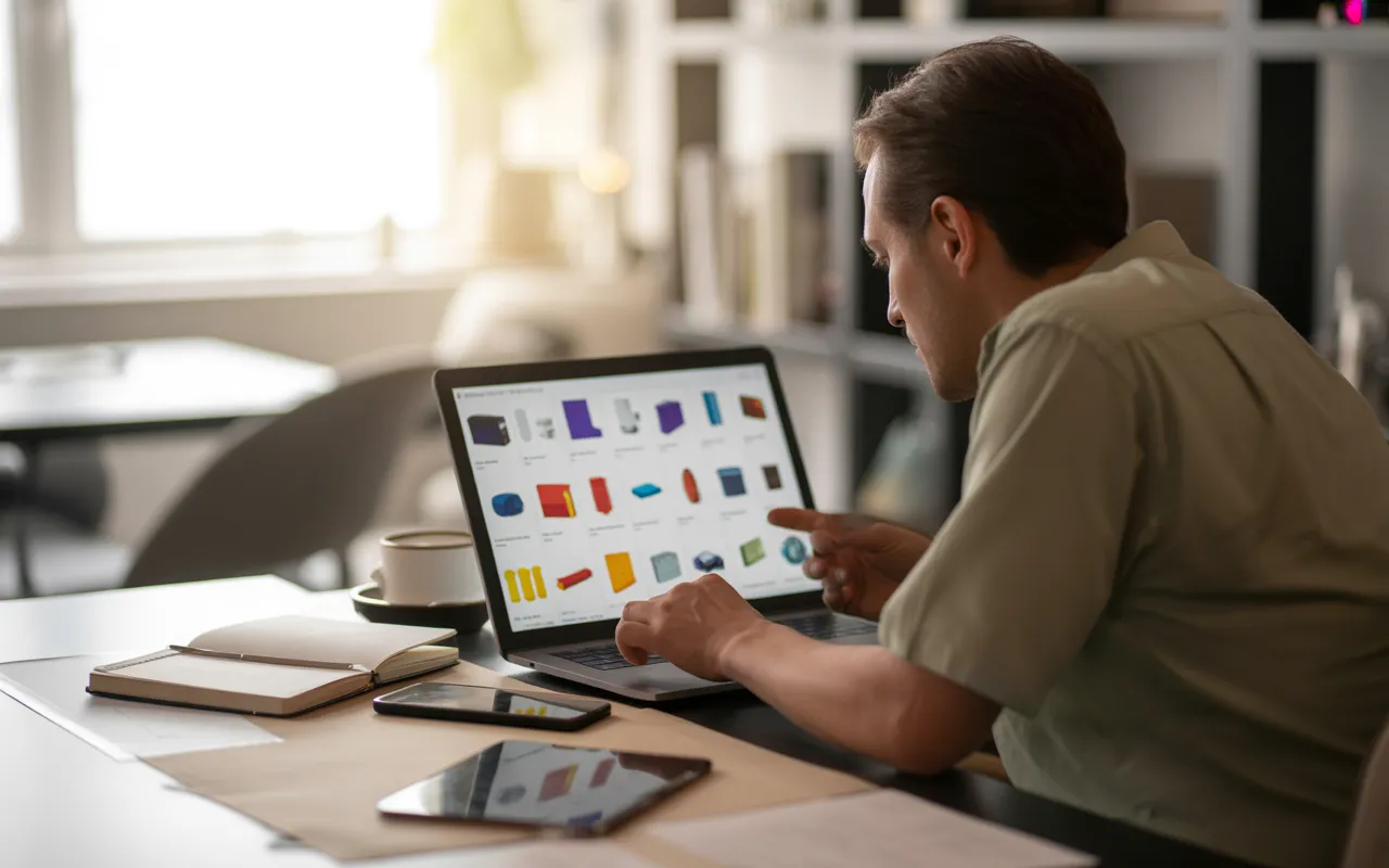 Entrepreneur concentré dans un bureau moderne et lumineux, vu de dos devant un grand écran affichant un site web catalogue sous forme de grille de vignettes produits abstraites, entouré d’un ordinateur portable, d’un smartphone et d’accessoires de bureau sur un bureau en bois clair, ambiance professionnelle et chaleureuse.